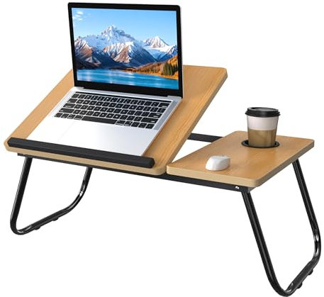 FIVMEN Mesa de cama plegable con soporte para portátil y ranura para tazas, bandeja de desayuno, mesa para ordenador portátil, de tablero de fibra de densidad media, para sofá, cama, sofá, 56 x 33 cm