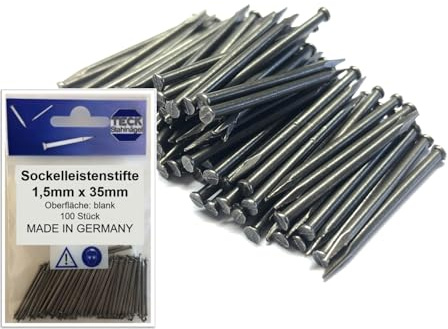 TECK Stahlnägel Sockelleistenstifte Ø1,5mm x 35mm blank - 100 Stück | Extra stabil für Mauerwerk & Sockelleisten | Made in Germany | Direkt vom Hersteller | versandkostenfrei