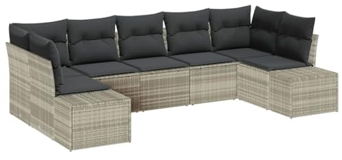 vidaXL 7-teiliges Gartensofa-Set mit hellgrauen Polstern aus Poly-Rattan für draußen | Großzügige Sitzgelegenheit, pflegeleicht und stylisch, wetterfestes Design für modulare Terrassenmöbel