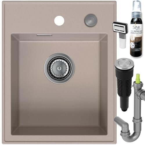 SINK QUALITY Spülbecken Beige 40x50 cm - Granitspüle Beige mit Siphon PUSH und Imprägnierung - Spüle ohne Abtropffläche - Kleines Spülbecken für Küche für Unterschränke ab 40 cm Breite