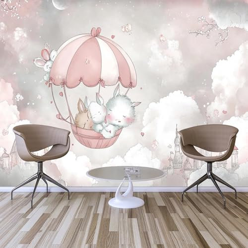Custom Size Wall Murals,Pink Cartoon Bunny Hot Air Balloon Mural Self-Adhesive Removable Wall Covering Fabric, Large Photo Wallpaper for Living Room Bedroom Kitchen Office Kids.