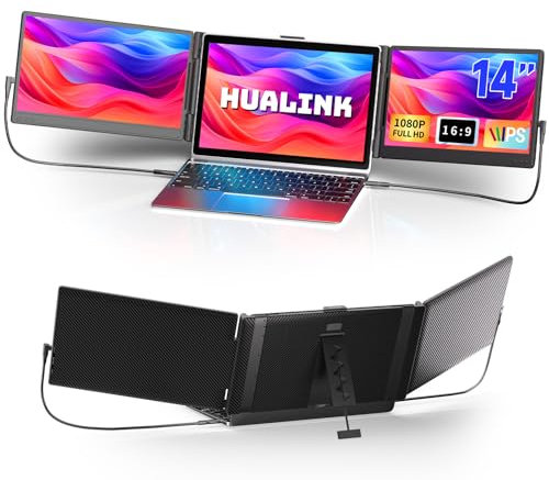 hualink 14 FHD Triple Laptop Monitor Extender - Upgraded 1080P IPS LCD Portable Monitor for Laptop 13-17.3 (Maximum Length: 15.9) Plug & Play Type-C/USB-A/HDMI for Wins Mac Linux Chrome