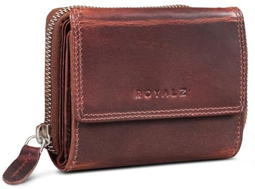 ROYALZ 'Liberty' Vintage Portemonnaie Damen klein Leder - kleine Geldbörse mit 7 Kartenfächern - Echtleder Geldbeutel RFID Schutz - viele Fächer Portmonee mit extra Münzfach, Farbe:Roma Cognac Braun