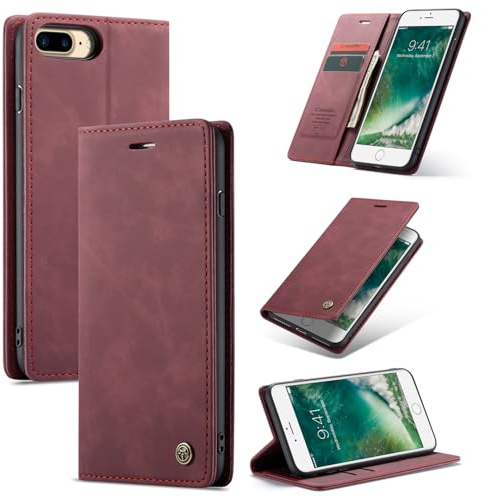 Ottcooed Cover per iPhone 8 Plus/iPhone 7 Plus Custodia, Cover Pellicola a Libro Portafoglio in Pelle Porta Carte Protettiva Slot per Scheda Flip Case con iPhone 8 Plus/iPhone 7 Plus, Rosso vino