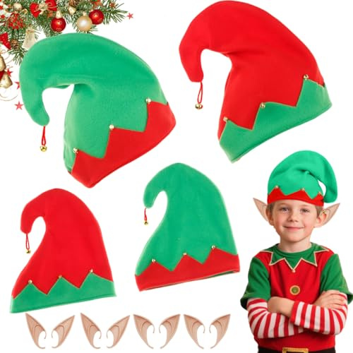 GTJEOI 4 Stück Weihnachtselfen Hut mit 4 Paar Hellgelbe Elfenohren, Weihnachts-Elfenmütze, Wichtelmütze, Weihnachtself Mütze, Weihnachtliche Mütze für Kinder Erwachsene für Weihnachten Dress Up