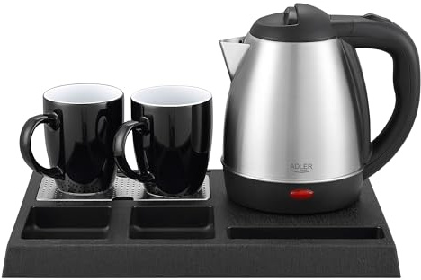 Adler Wasserkocher Set Edelstahl 1,2L mit Tablett & 2 Tassen | Kompakte Teestation & Kaffeebar für Hotel, Büro, Gästezimmer & Home-Office | Welcome Tray für Ordnung & Stil