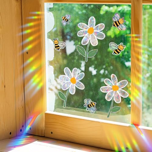 Muorruo 8 Piezas de Pegatinas de Ventana de Abejas y Flores para Ventanas de Vidrio, Pegatinas de Margaritas, Pegatinas de Prisma atrapa Sol, Pegatinas Reutilizables de Doble Cara