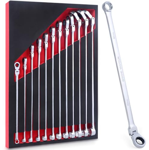 BINGCOBBER Flex-Ratschen-Set,8-19mm 12-tlg Doppel Ringschlüssel Satz,Extra langer Schraubenschlüssel, CV-Stahl 8mm-19mm