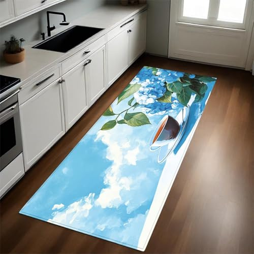 Kurzflorteppich 60x120 cm Flower River Coffee Waschbar Weich rutschfest Flurläufer Teppichläufer Blau für Flur Küche Schlafzimmer und Eingangsbereich