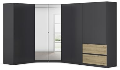 Rauch Möbel Costa, Kleiderschrank, Grau metallic/Eiche Artisan, 208x197x298 | Schrank-Kombination, 8-türig, Spiegel, 2 Schubladen, Push-to-Open-Funktion, für Schlafzimmer, Kinderzimmer, Arbeistzimmer