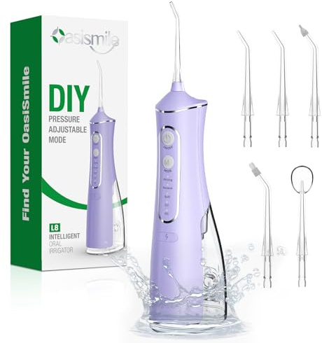 OasiSmile Munddusche Kabellos Elektrisch: Munddusche Testsieger 2026, 4 Modi DIY Druck & 5 Jet-Tipps, 300ML Oral Irrigator zur Täglichen Tiefenreinigung, IPX7 Wasserdicht für Reise & Zuhause, Lila