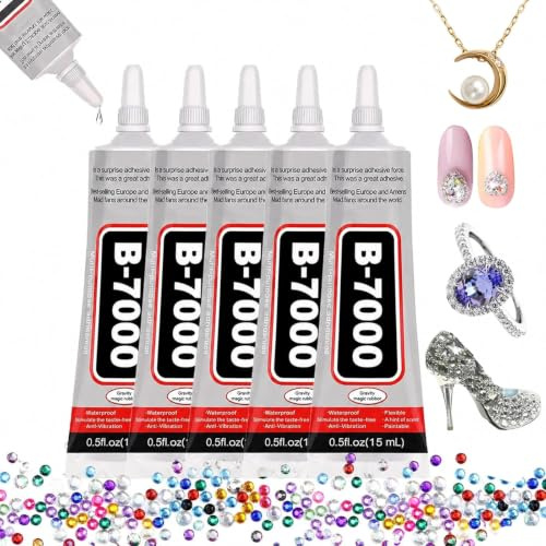 5 PCS B7000 Glue, 15ml/0.5oz,Clear Waterproof & Elastic Adhesive for Rhinestone Crafts, Fabric, Leather, Wood, Glass, DIY Projects & Repairs, 24-Hour Cure, Easy to Use