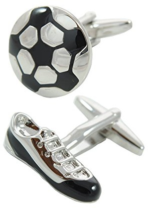 Cufflinks for Men + Presentation Box - Football and Boot | Solid Brass Metal - Sport Fan Match Game Round Soccer - Silver and Black Colours - One Pair