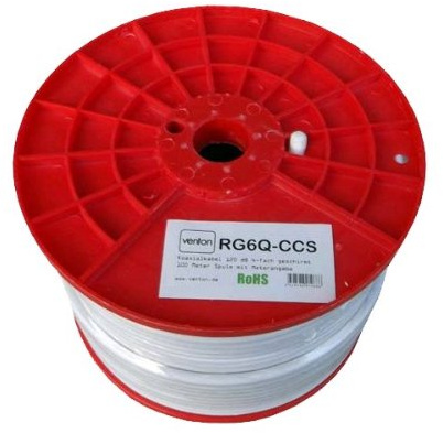 Koaxialkabel SAT Koax Kabel Venton 500m RG6Q CCS 120 dB max. 4-Fach geschirmtes Coax Antennenkabel Satelittenkabel für DVB-S / S2 DVB-C und DVB-T / T2 / UKW BK TV Fernseh Satelliten-Schüssel Digital
