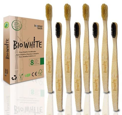 Spazzolini da denti in bambù BioWhite. spazzole con setole morbide e organiche senza BPA. Naturale, Ecologico, Biodegradabile e Compostabile. Per tutta la famiglia. (Set da 4)