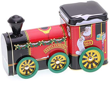 POWERHAUS24 Santa Express, weihnachtliche Lokomotive mit drehbaren Rädern, Keks-, Geschenk-, Blechdose Vol. 0,6l inkl. PH24 Backrezept