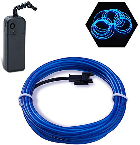 Podazz El Wire 9.8ft/3m Blue, Neon Glowing Strobing Electroluminescent Wire with 3 Lighting Modes, Battery Operated El Light for Halloween Decor, Parties, Xmas Tree, Cosplay, Car Bar Decor