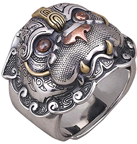 ForFox Vintage 925 Sterling Silber Chinesischer Mythischer Tier PIXIU Ring Feng Shui Schmuck für Herren Damen Offen und Verstellbar