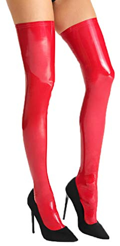 7Heaven Rote wetlook Lack Strümpfe Damen Gogo Stockings selbsttragend dehnbar L/XL