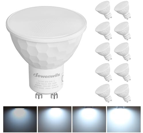 DEWENWILS 10 Pack GU10 LED Bulb Dimmable, Cool White 6000K, 5W(50W Halogen Replacement), 120° Wide Beam Kitchen LED Spot Light Ceiling, 350LM Energy Saving Bulb for Lamp, Recessed Lighting Bathroom