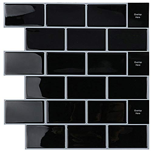 Yoillione 10 Stück 3d Fliesenaufkleber für Bad Küche, Klebefliesen Vinyl Fliesen Selbstklebend Fliesenfolie Wandpaneele Schwarz PVC, Metro Fliesen Selbstklebend Fliesendekor 30x30, Wandfliesen Dekor