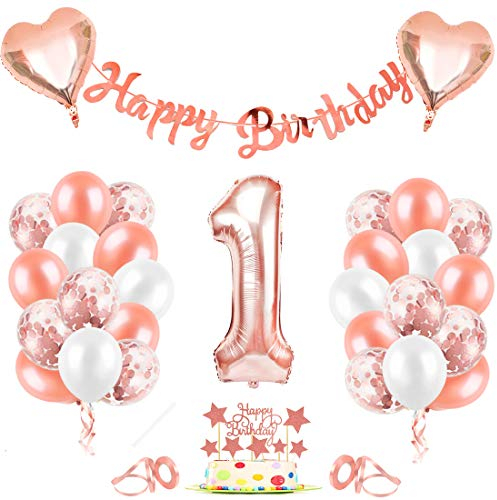 Ballons Anniversaire 1 An Or Rose - Décoration Fête Fille - Ballon Rose pour Premier Anniversaire