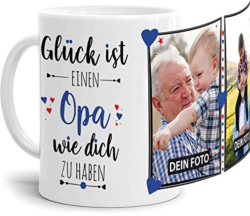 Tassendruck Fototasse mit Spruch für Opa - Glück ist, jemanden wie Dich zu haben - zum Selbst gestalten mit 2 Fotos, Weiß, 300 ml