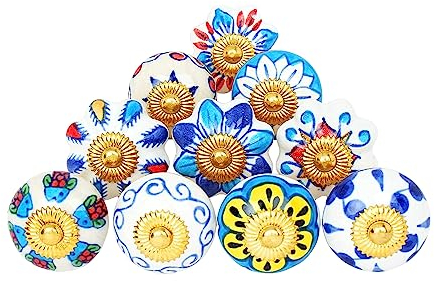 Ajuny Set aus 10 Keramikknöpfen – Blau Weiße Griffe für Schränke Kommoden Schubladen Küchen und Badezimmermöbel – Bunte Dekorative Möbelknöpfe aus Keramik