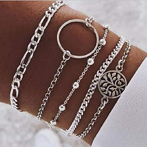 Branets Vintage Layered Beaded Bracelets Set Silver Circle Bangles Tree of Life Charm Bracelet Jewelry for Women and Girls(5 pcs)