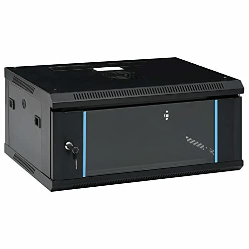 Festnight Armario de Red de Pared Permanente Almacenaje Datos Gabinete Router Módem de Fibra Óptica Puerta Cerradura 4U 19 IP20 600x450x285 mm, Montaje en Pared, Puerta de Vidrio