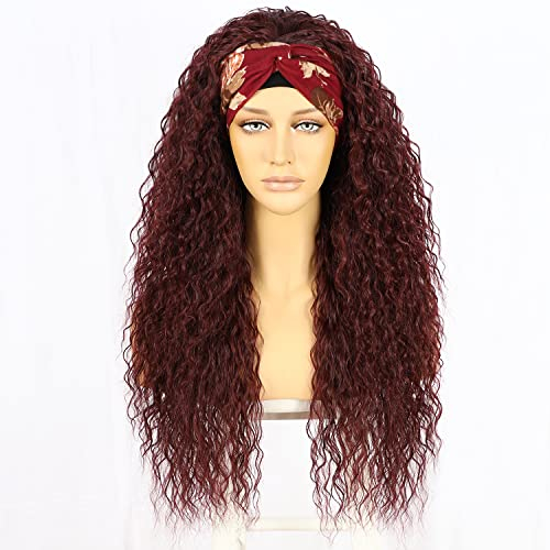 Sapphirewigs Lockige Stirnband Perücke lange Burgund Synthetische Haare lose Wasser Welle Stirnband Perücken für Frauen Kleberlos 150% Dichte 26 inch