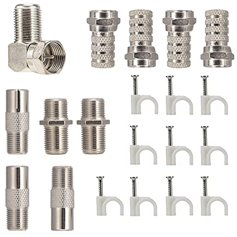 RELIAGINT F-TV, F Connector, F Extension Female, F to IEC Male TV Lead, TV Female Socket, F Right Angle Adapter, 7mm Cable Clip for Antenna, Satellite, Dish TV, Virgin, DBS, Freesky, Free Box, 20pcs
