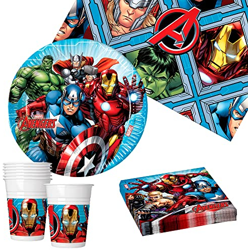 Procos Avengers Service de table pour enfants Superhéros Décoration pour anniversaire, baptême, communion (tasses, assiettes, serviettes, nappes) jetables 8 personnes 37 pièces