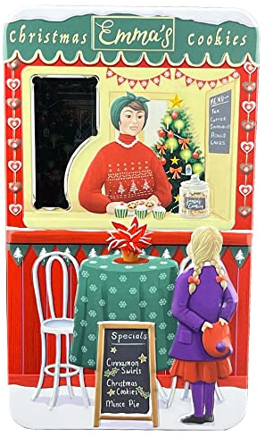 MediMuc Kiosk Xmas Cookies Emma's - Caja de almacenamiento, lata para galletas, apta para alimentos, volumen: 1,3 l aprox. (largo x ancho x alto): 11,5 x 5,5 x 21,0 cm