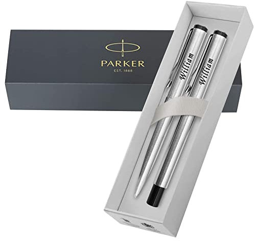 PARKER Personalised Engraved Vector Stainless Steel Chrome trim Ballpoint and Fountain Pen Set – Ideal for Men and Women, Writers, Anniversaries, Christmas, Birthdays - Presentation Box
