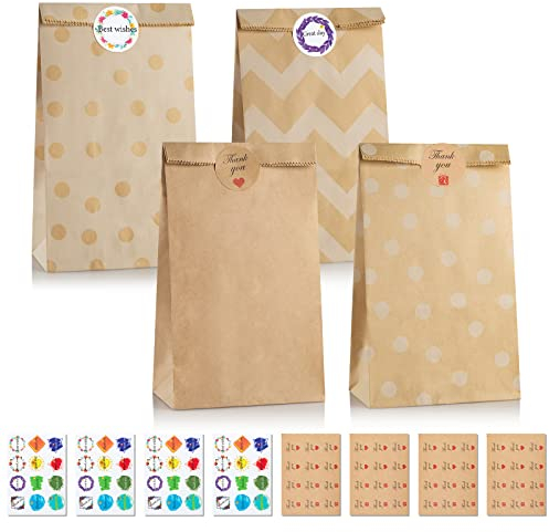 Leenou Papiertüten 40 Stück Geschenktüten Papier mit 96 Aufkleber Kraftpapiertüten Obstbeutel Butterbrottüten Candy Bag zum Verpacken Geschenken Geburtstag Hochzeit Party Tüten Geschenktaschen