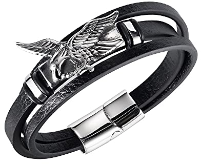 RENUX Lederarmband Herren,Herrenarmband Handgefertigt Geflochtenes Armband Schwarze Lederarmbänder Mit Silbergravur Adler Tier Herren Lederschmuck Vatertagsgeschenk Für Freund,Bruder