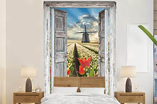 Selbstklebend Tapete Wandpapier Wandaufkleber Fototapete Tapeten Wanddeko 225x350 cm Blumen - Mühle - Frühling - Ausblick