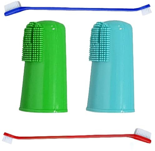 SOL 2pc Long Dual Ended Toothbrush and 2pc Finger Toothbrush for Dogs & Cats, Soft Bristles for Gentle Cleaning, Ideal for Pet Oral Care & Healthy Teeth