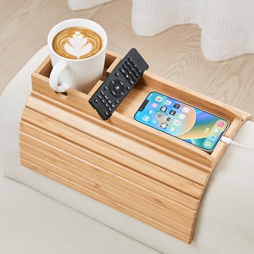 GEHE Couch-Becherhalter, Anti-Falling-Couch-Getränkehalter, natürlicher Bambus-Sofa-Getränkehalter, Armlehnen-Tablett, tragbare Couch-Arm-Tablett, Tisch für Fernbedienung/Snacks/Handy/Getränke/Tasse