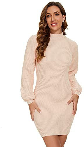 Ever-Pretty Robe Pull Femme Hiver Casual Manches Longues Col roulé Longue Moulante Au Genou Chic Beige L