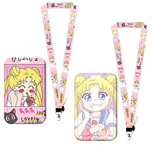 2 Stück Sailor Moon Umhängeband FAMILIO-Neck Schlüsselband mit Kartenhalter Cartoon Lanyard Ausweishalter Schlüsselhalter Paare Sicherheitsausweishalter Ausweisinhaber für Schlüssel Kamera Gurt