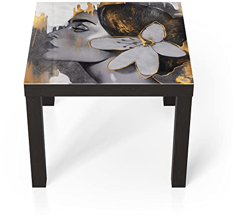 DEQORI Glastisch | schwarz klein 55x55 cm | Motiv Frau mit Blüte im Haar | ausgefallener Beistelltisch aus Glas | Hochglanz Couchtisch fürs Wohnzimmer | moderner Couch Tisch mit Design