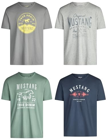 MUSTANG Tshirt Herren Baumwolle Regular Fit 4er Pack Set Rundhals Kurzarm Sommer Tee Shirt Logoprint Schwarz Weiß Grau Blau Grün S M L XL XXL 3XL 4XL 5XL 6XL