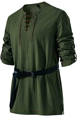 LucMatton Men's Retro Lace up Medieval Tunic Shirts for Halloween Cosplay Viking Pirate Vampire Renaissance Gothic Victorian Costume Green Medium