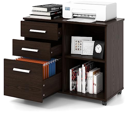 GIANTEX Rollcontainer, Aktenschrank mit 3 Schubladen & 2 offenen Fächern, Büroschrank für Drucker & Dokumenter, Aufbewahrungsschrank, abschließbarer Rollschrank für Büro und Arbeitszimmer (Kaffee)
