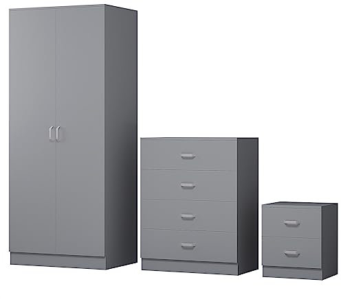 FWStyle Tunis 3 Piece Bedroom Furniture Set including 2 door wardrobe a large 4 drawer chest and bedside cabinet Matt Grey