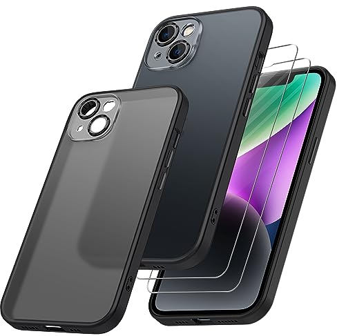 Qasyfanc Matt Handyhülle Kompatibel mit iPhone 14, Hülle mit Kameraschutz und 2 Stück Schutzfolie, Hard PC Nie Vergilbung Case Militärschutz Kratzfest rutschfest Schutzhülle, Leicht Klar Schwarz