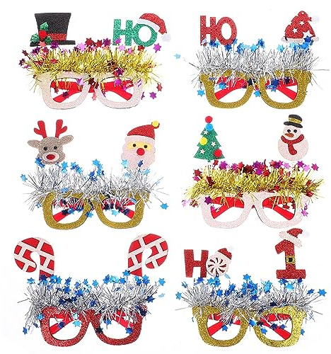 Gadpiparty Weihnachtsdekoration Weihnachts-Party-Brille 6 Stück Glitzernde Weihnachtsmann-Schneemann-Elch-Brille Mit Lametta Für Weihnachtsfeiergeschenke Weihnachts-Fotoautomaten-Requisiten