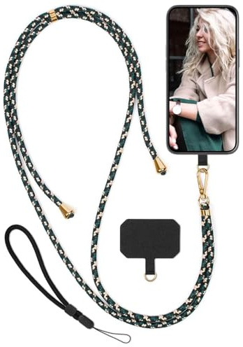 moex Unleash für iPhone 15 Handyband zum Umhängen ohne Hülle, Handykette Universal mit Karabiner, Handy Band abnehmbar, Kette mit Pad für Handyhülle, Camo, Gold